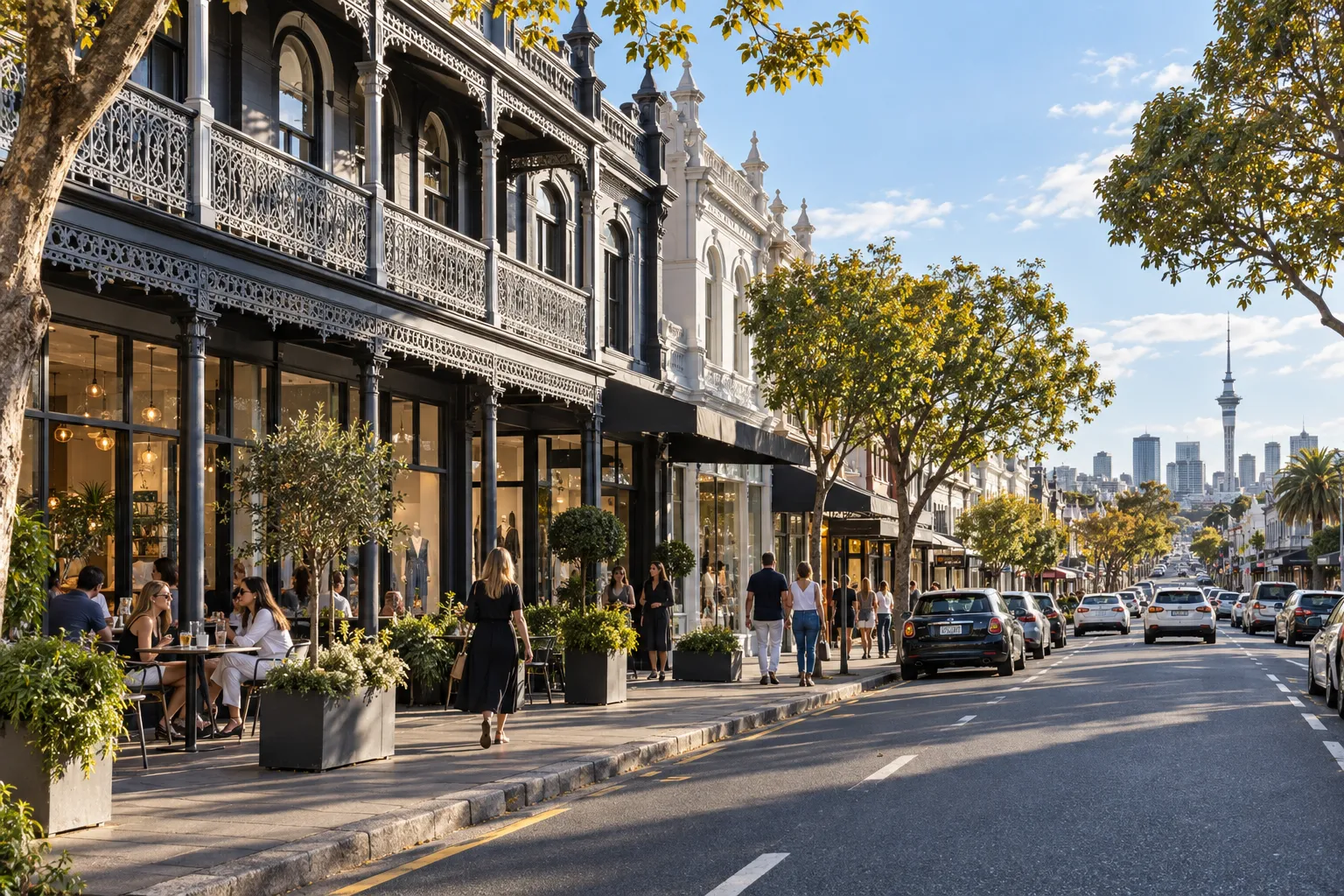 Victorian shopfronts, pavement cafes and pedestrians along Ponsonby Road in Auckland