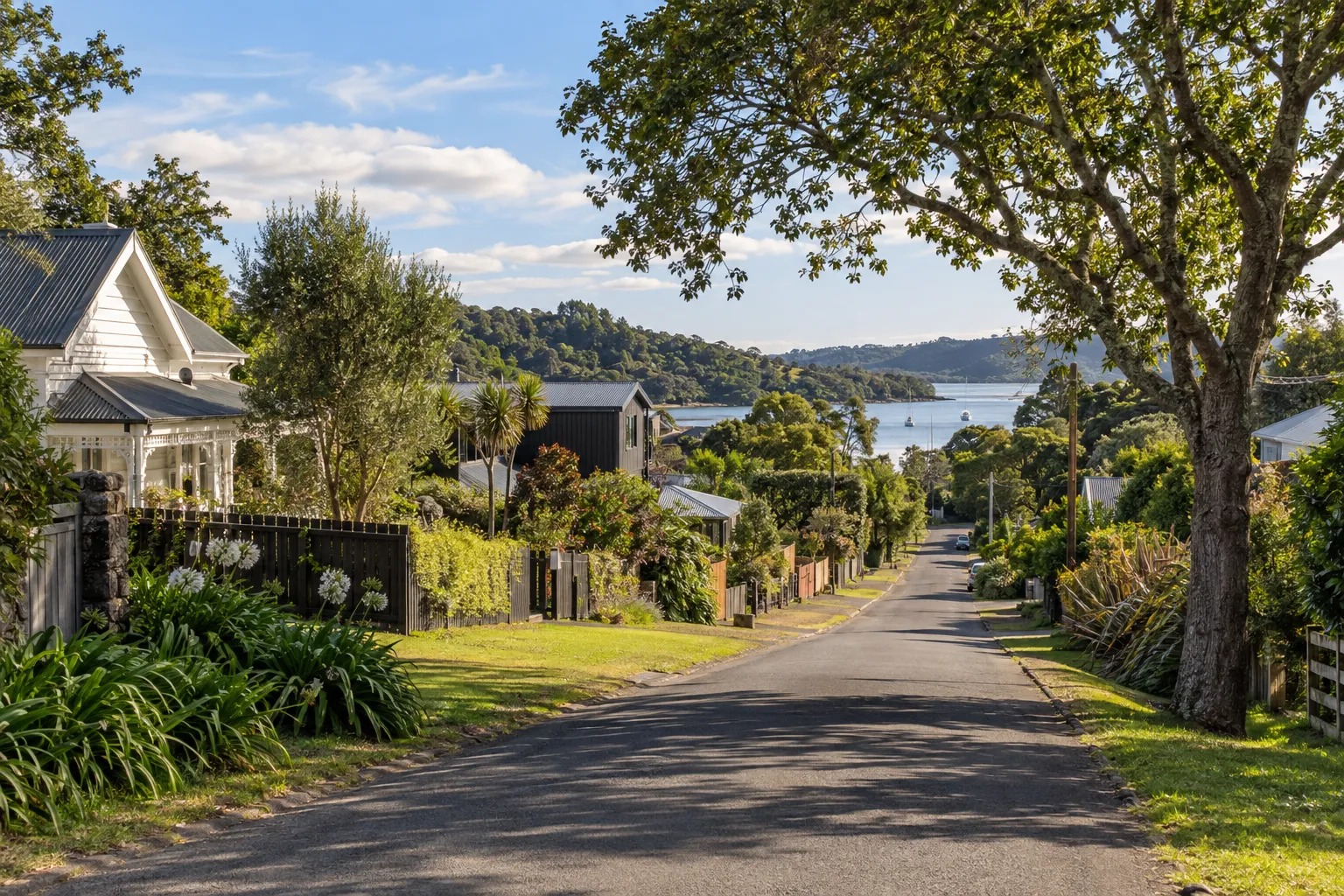 Leafy Riverhead village street with cottages, family homes and the river beyond