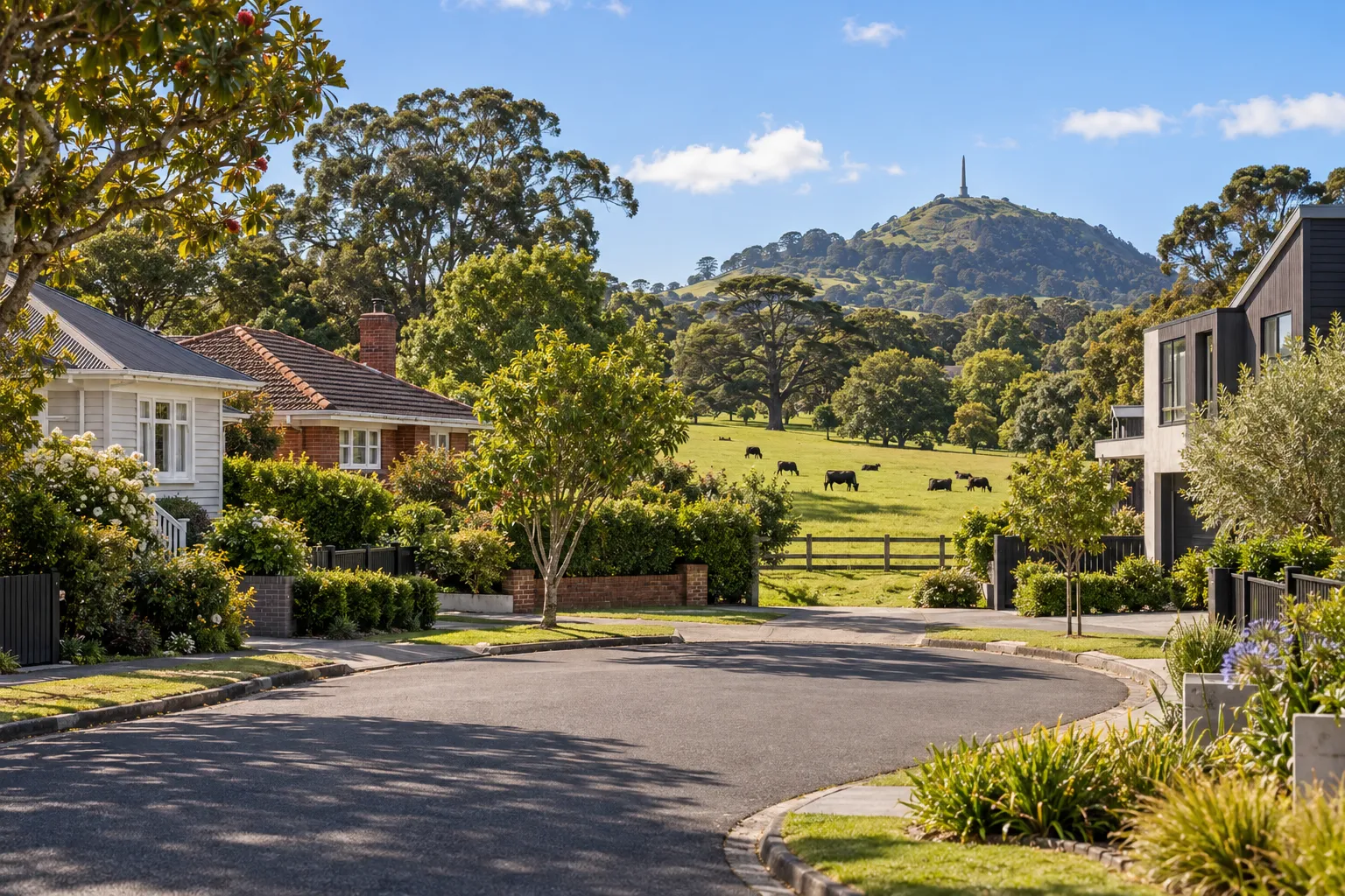 Homes and gardens opening onto Cornwall Park pasture in Royal Oak with Maungakiekie beyond