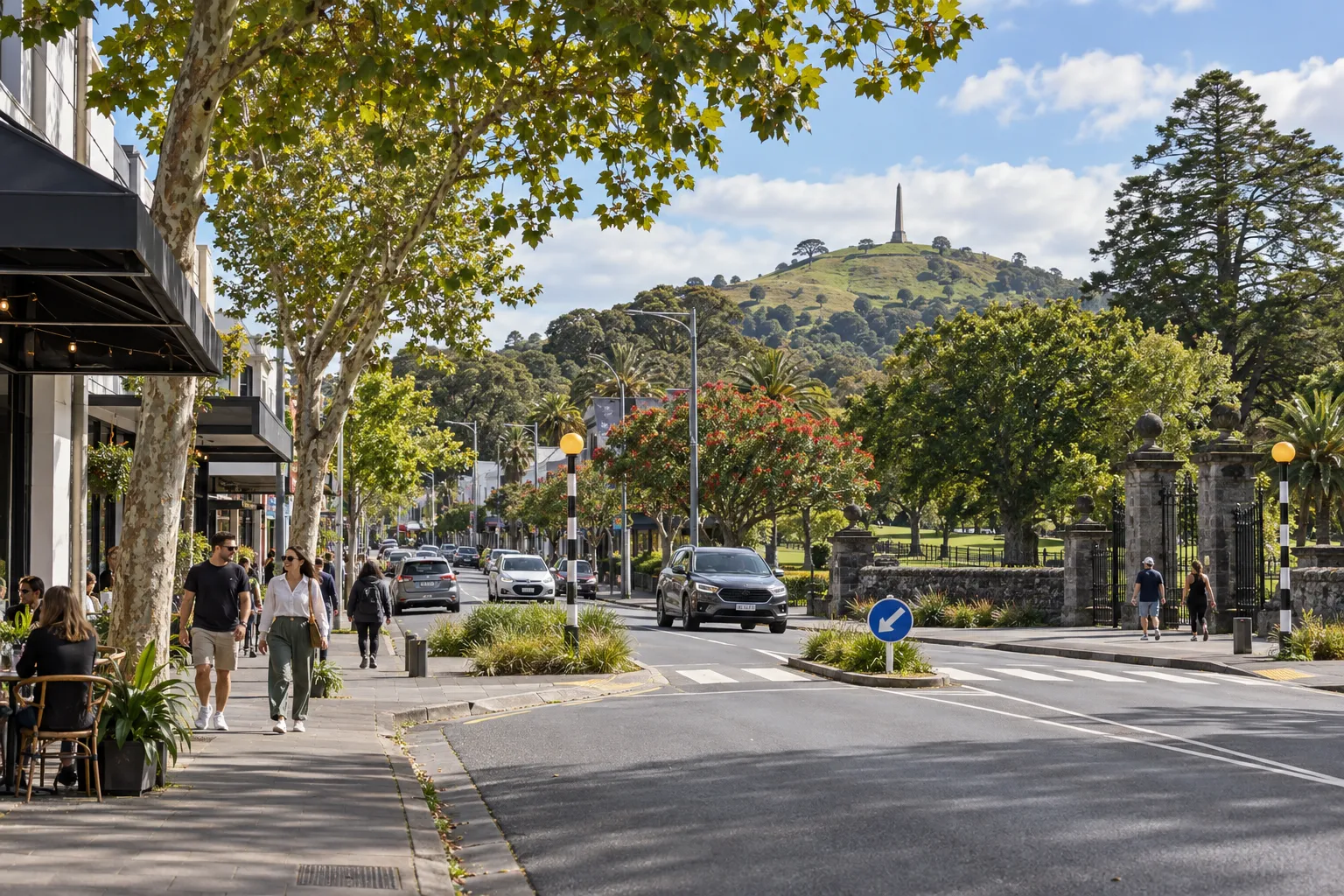 Royal Oak village cafes and the entrance to Cornwall Park below Maungakiekie