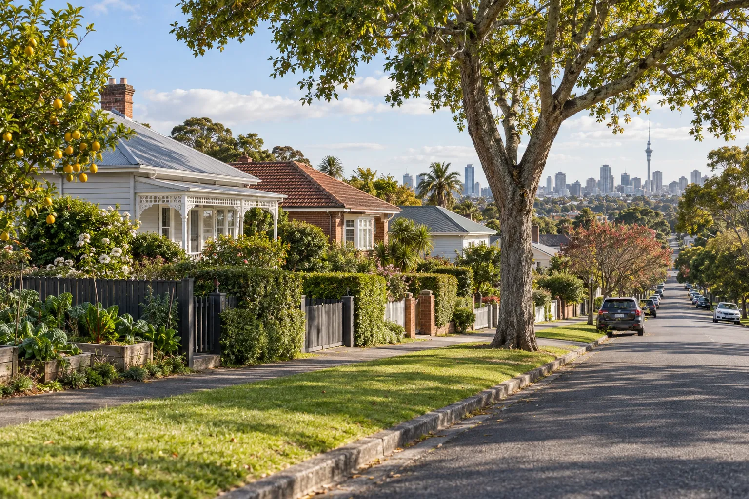 Weatherboard and brick bungalows with mature gardens on a Sandringham street
