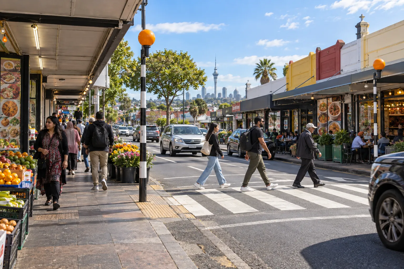 Shops, food stalls and pedestrians at the zebra crossing in Sandringham Village
