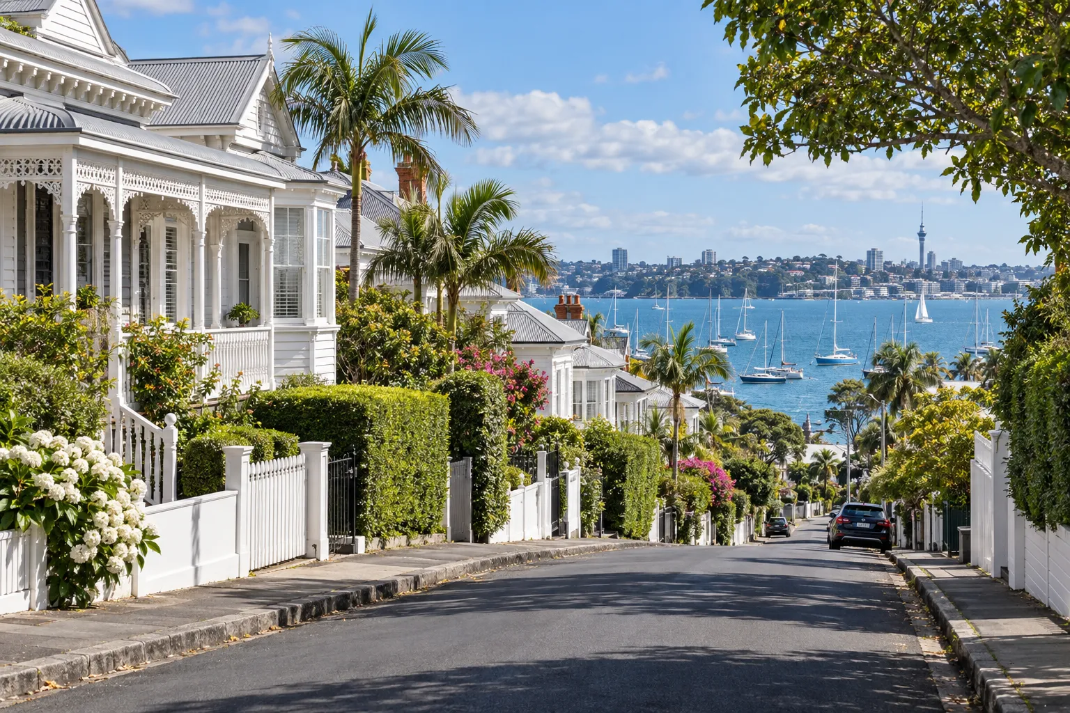 White villas and palms on a sloping St Marys Bay street overlooking Waitematā Harbour