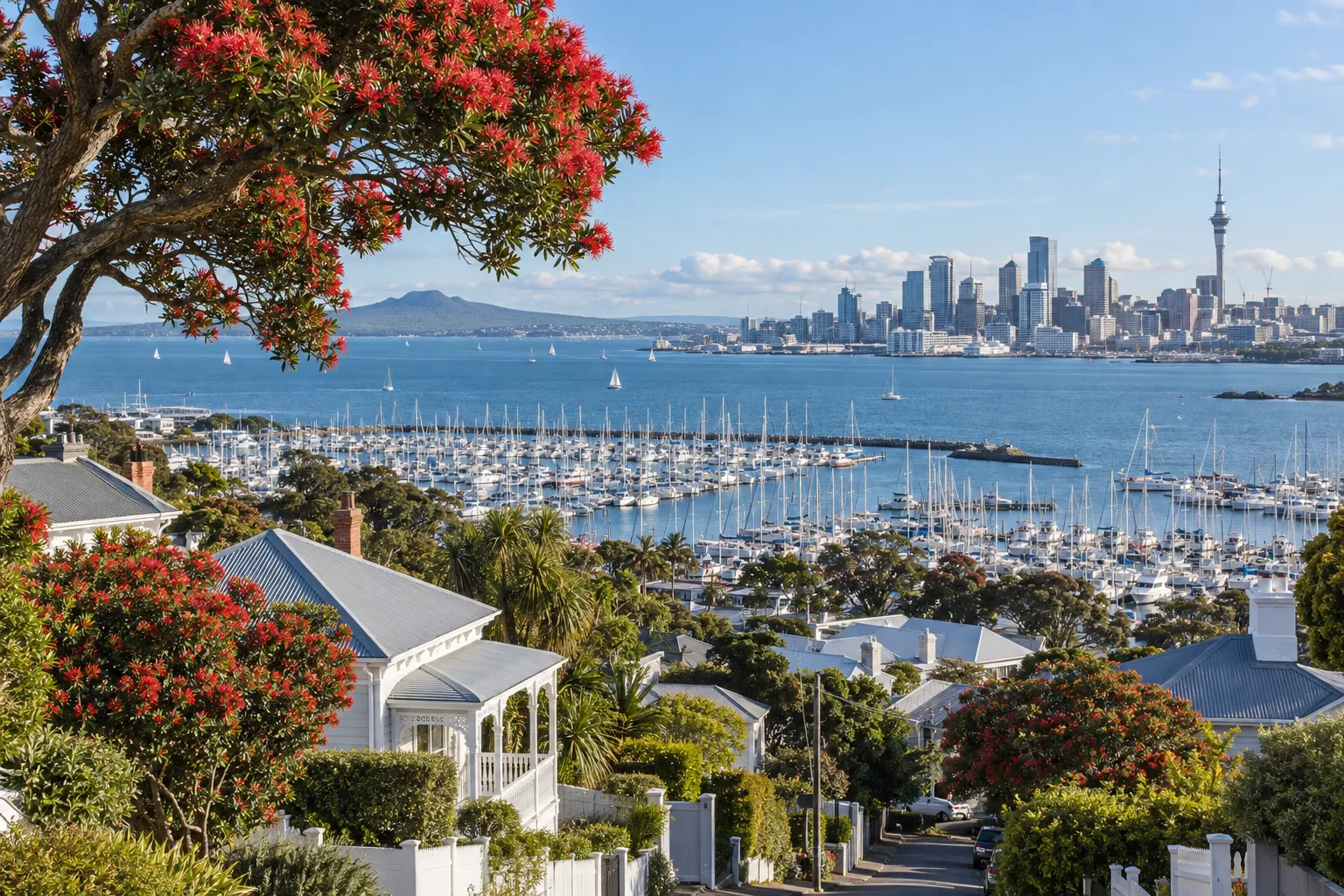St Marys Bay villas and flowering pōhutukawa above Westhaven Marina and Auckland's skyline