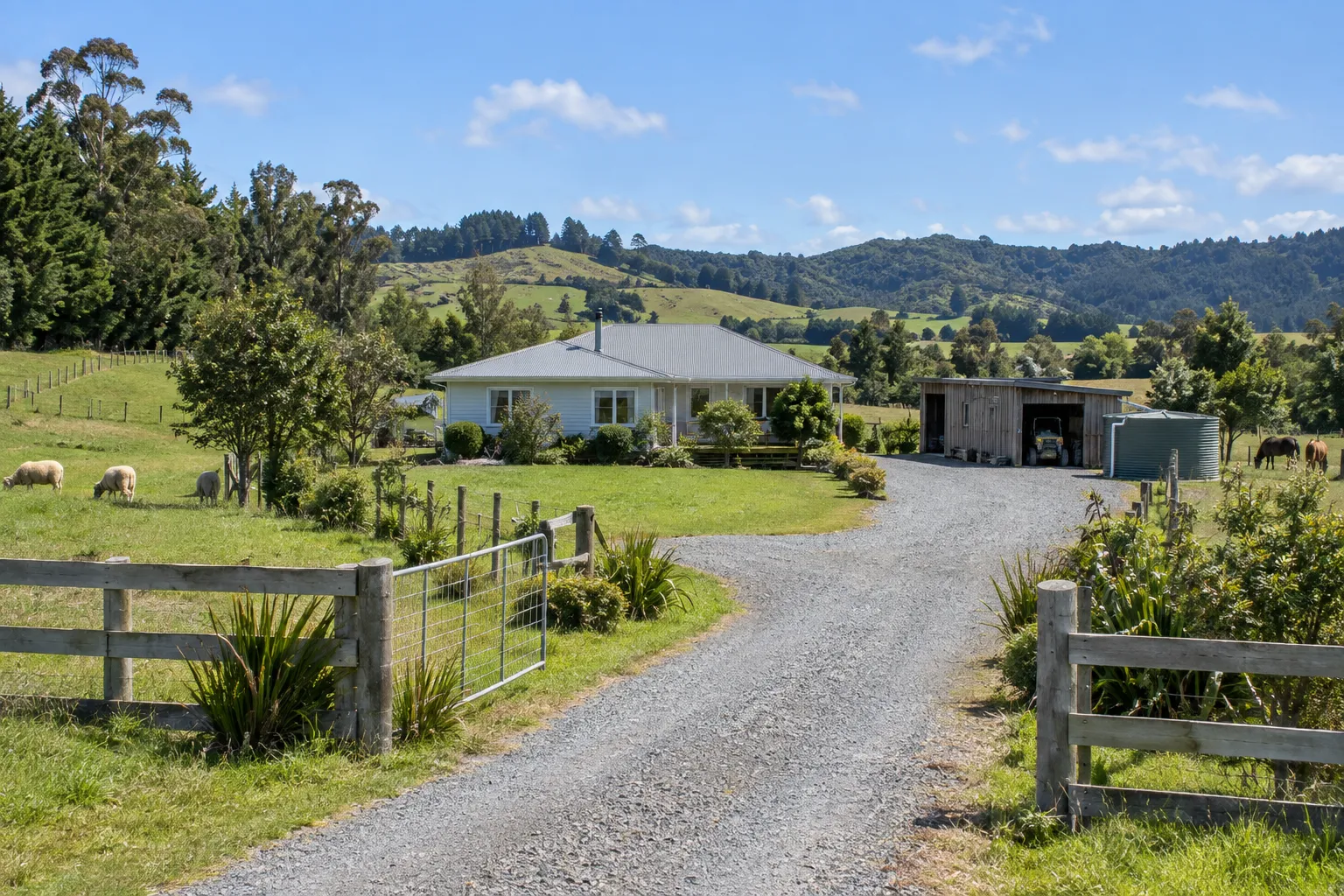 Country bungalow, sheds and grazing paddocks on a Taupaki lifestyle property