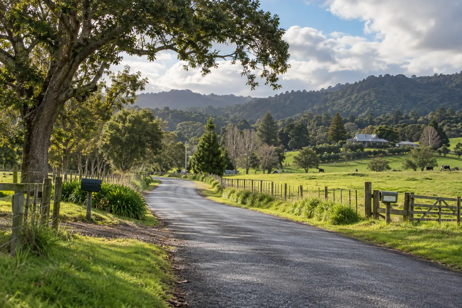 Tree-lined rural road winding through fenced paddocks and lifestyle blocks in Taupaki