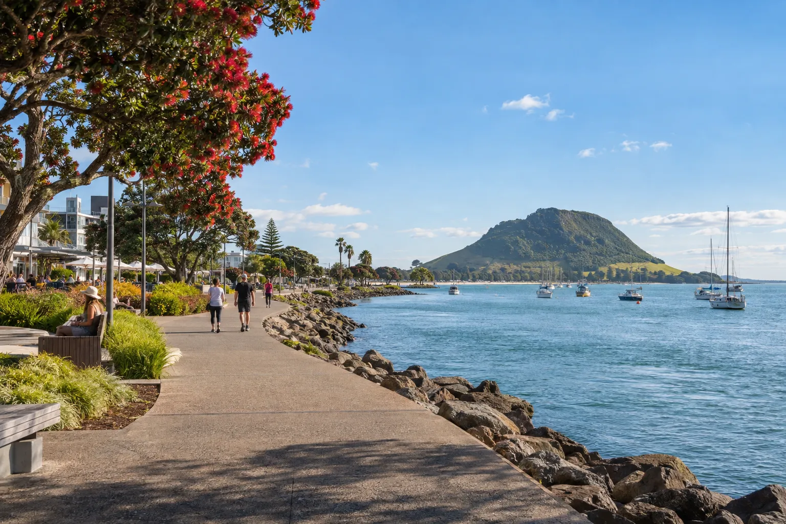 Tauranga waterfront promenade beside the harbour with Mauao in the distance