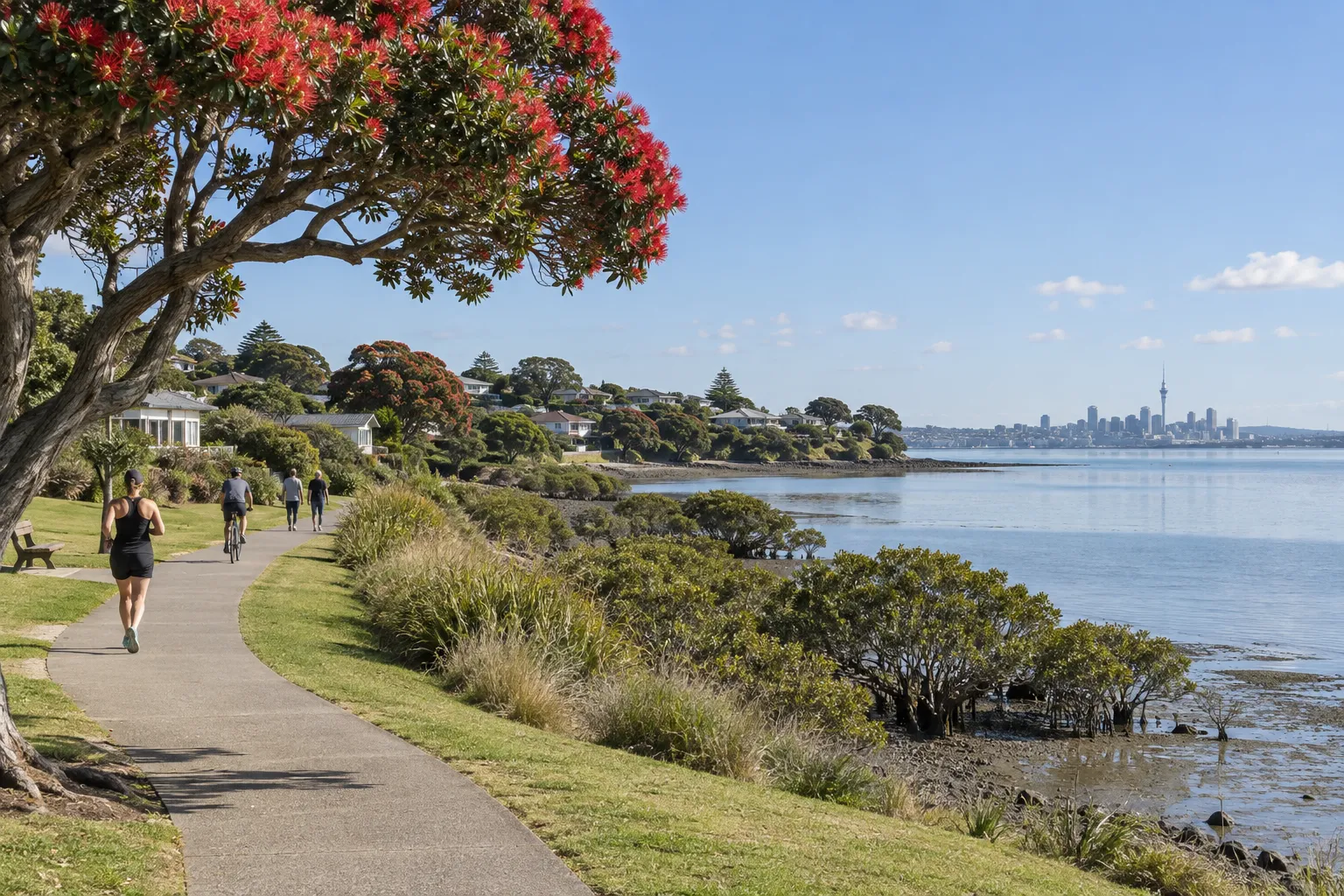 Coastal walkway and pōhutukawa on Te Atatū Peninsula with Auckland beyond