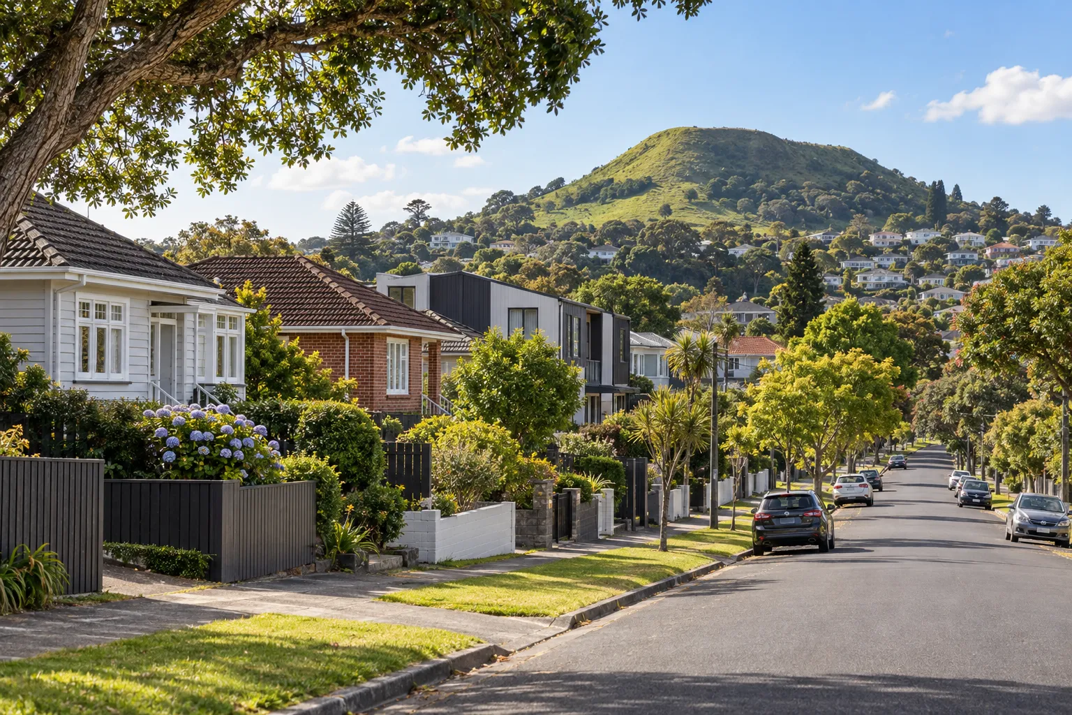 Weatherboard, brick and modern homes on a tree-lined Three Kings street beneath the volcanic cone