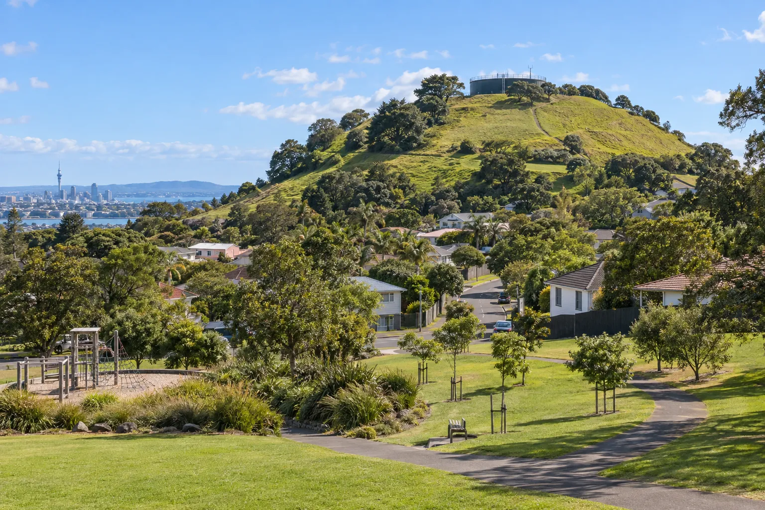 Three Kings community park and homes below the volcanic cone of Te Tātua-a-Riukiuta