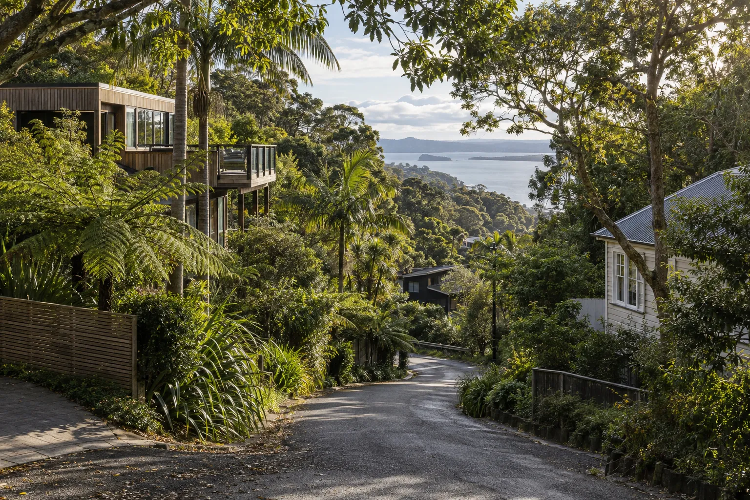Timber homes tucked into native bush above the Manukau Harbour in Titirangi