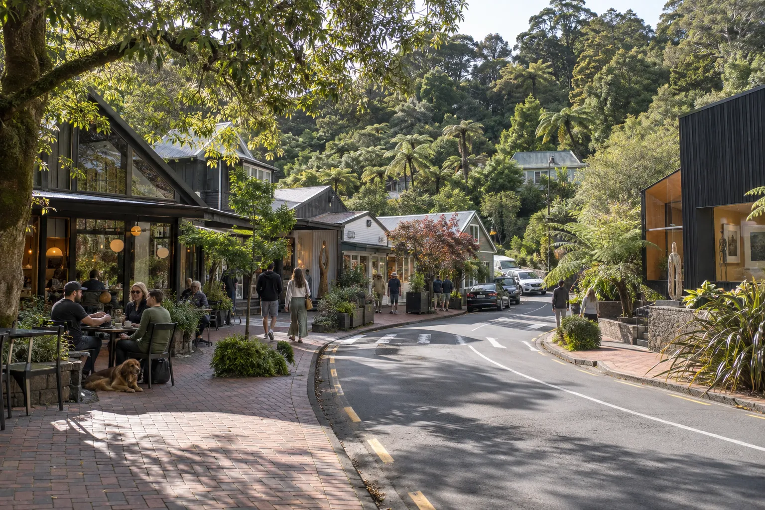 Titirangi Village cafés and shops surrounded by dense Waitākere native bush