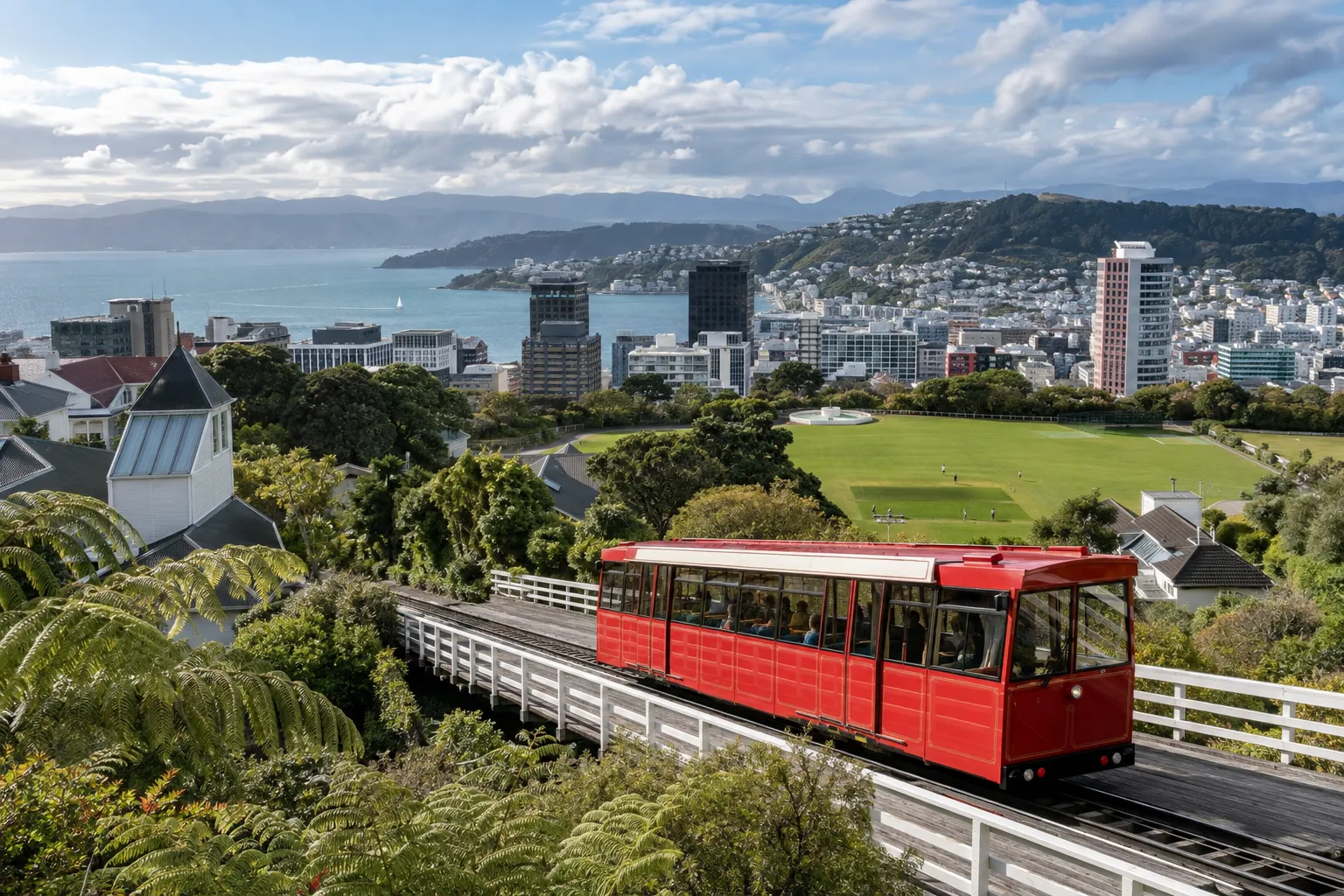 Red Wellington Cable Car above the central city and Wellington Harbour