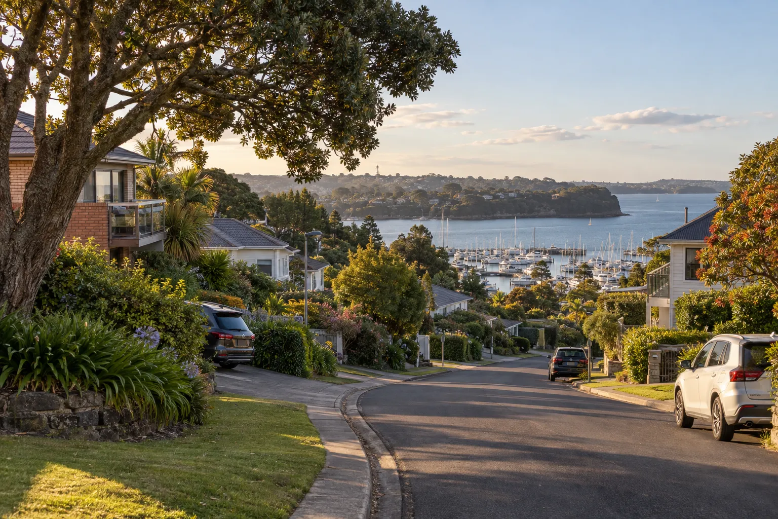 Leafy West Harbour street with family homes and marina views