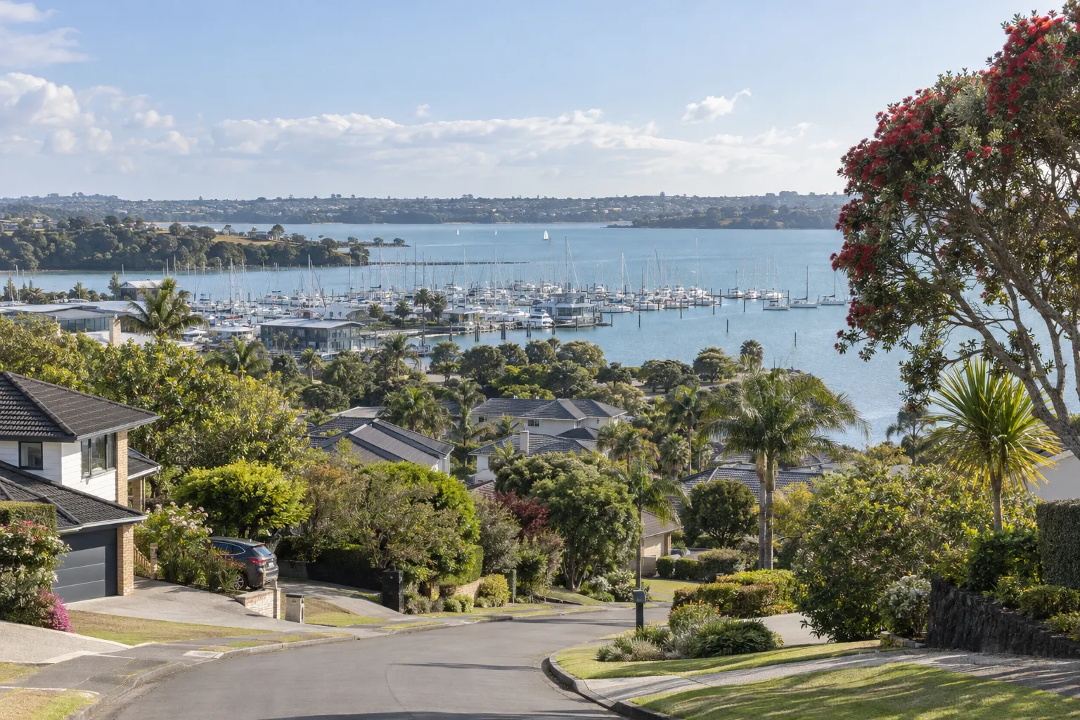 West Harbour homes descending toward Hobsonville Marina and the Upper Harbour