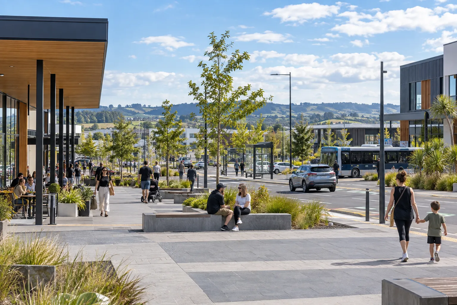 Pedestrian plaza, shops and bus stops in Westgate town centre