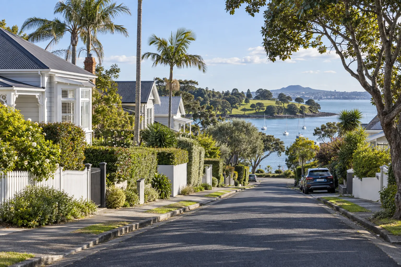 Weatherboard bungalows on a leafy Westmere street overlooking Cox's Bay and its coastal reserve