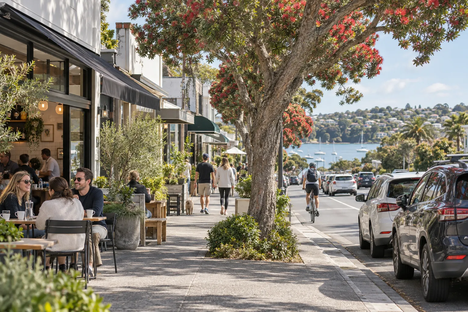 Pavement cafes and flowering pōhutukawa along West End Road in Westmere near Cox's Bay