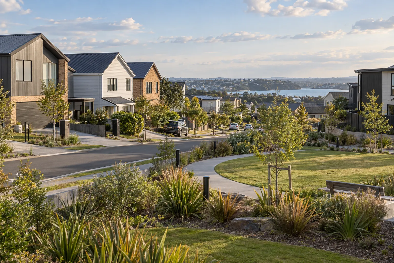 Contemporary Whenuapai homes and landscaped park overlooking the Upper Harbour